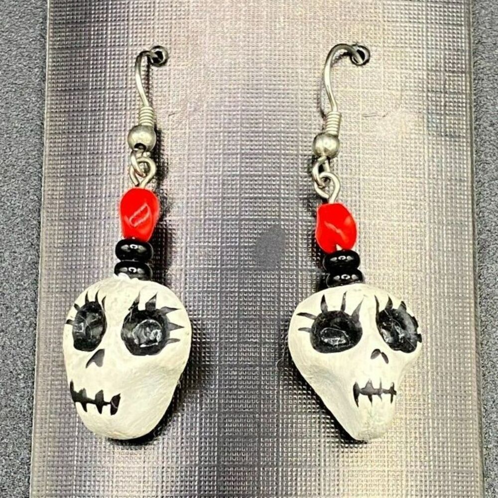 Handmade Polymer Clay Calaveras Skull Beaded Earrings Dia De Los Muertos